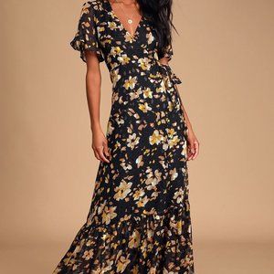 Lulu's Lean On Me Black Mutli Print Wrap Maxi Dress - Size S